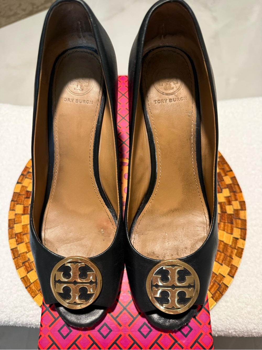 Tory Burch Black Napa Leather Peep-Toe Heels with Gold Logo Medallion